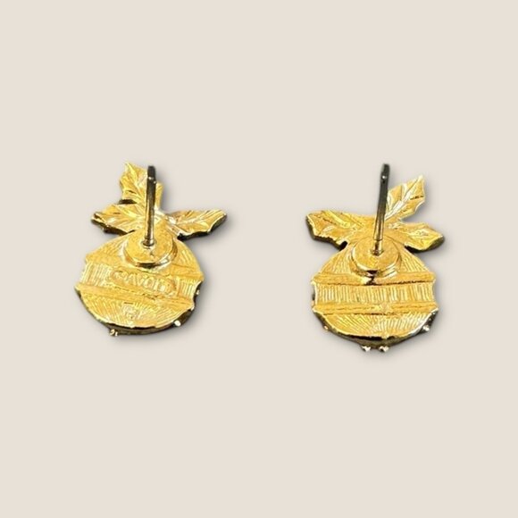 Avon Christmas Ornament Stud Earrings With Red & Clear Rhinestones Gold-Tone Met - Picture 2 of 2